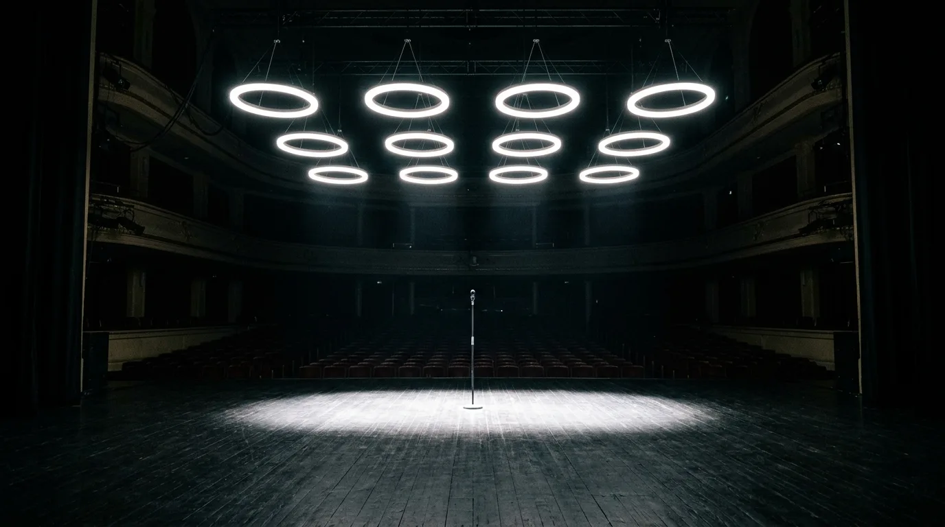 Palco de teatro iluminado, vazio, esperando pelos atores, metaforizando a plataforma digital aguardando os usuários criadores.
