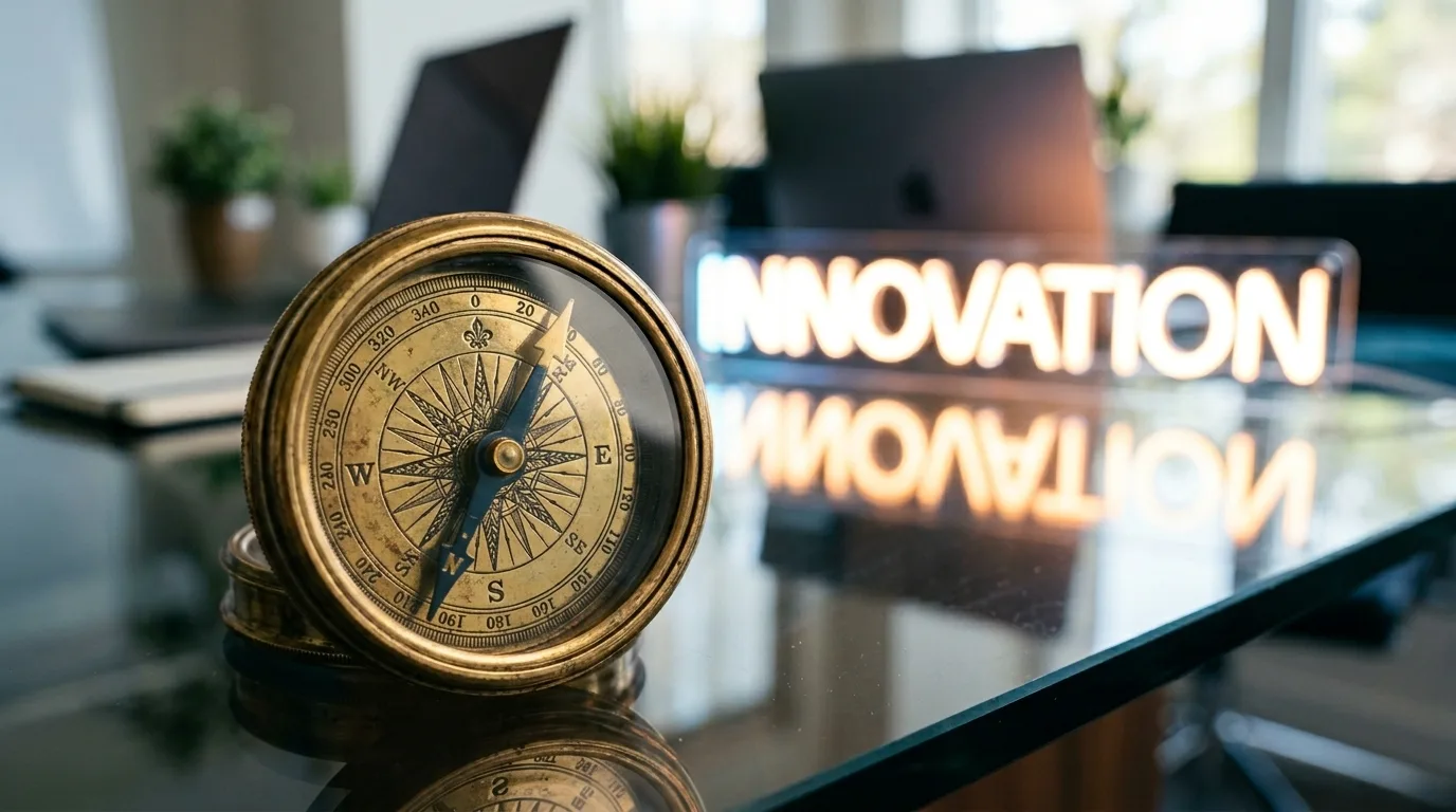 Bússola vintage, simbolizando a necessidade de reorientação e sustentabilidade nos negócios modernos.