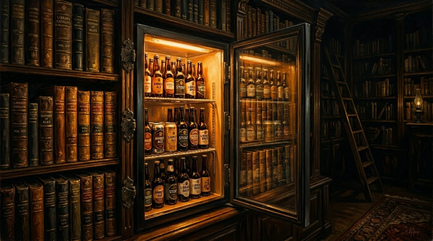 Cervejeira moderna integrada a um ambiente de biblioteca de madeira, unindo sofisticação técnica e hospitalidade